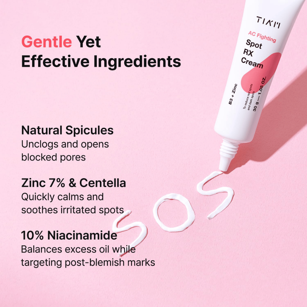 TIA'M AC Fighting Spot RX Cream z cynkiem, niacynamidem i centellą – łagodzi, balansuje sebum i redukuje czerwone plamy.