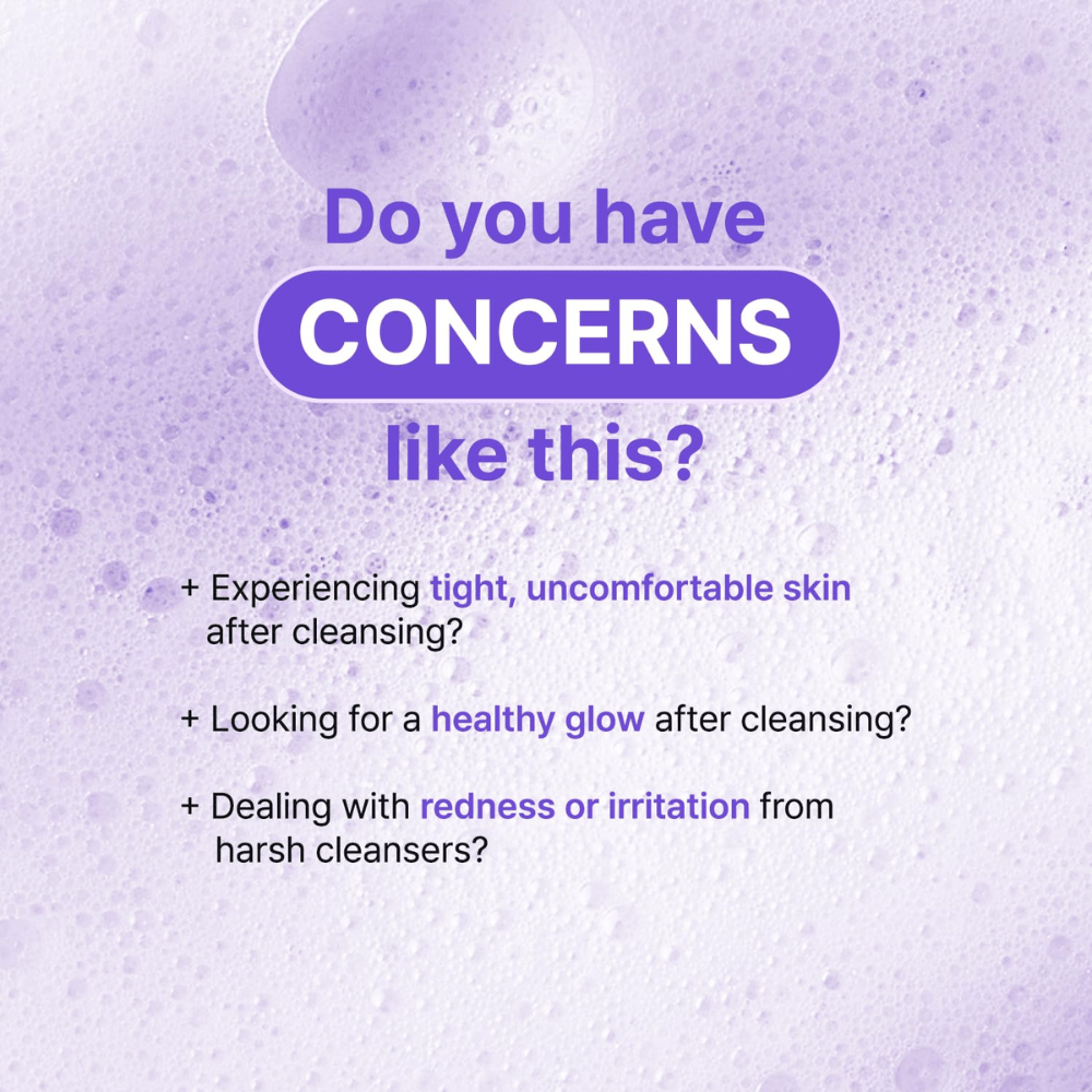 Ilustracja z pytaniami o problemy skórne takie jak suchość, podrażnienie i napięcie po oczyszczeniu, z naciskiem na kojący efekt TIA'M Snail & Azulene Low pH Cleansers.
