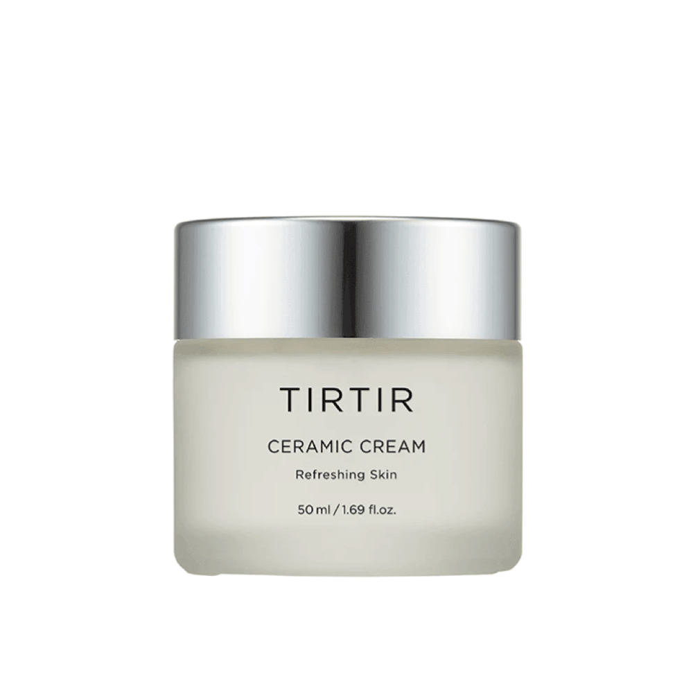 Słoik TIRTIR Ceramic Cream przeznaczony do "Orzeźwiającej Skóry", o pojemności 50 ml / 1.69 fl oz. Słoik ma stopniowaną kolorystykę od białego do przezroczystego i srebrną pokrywkę.