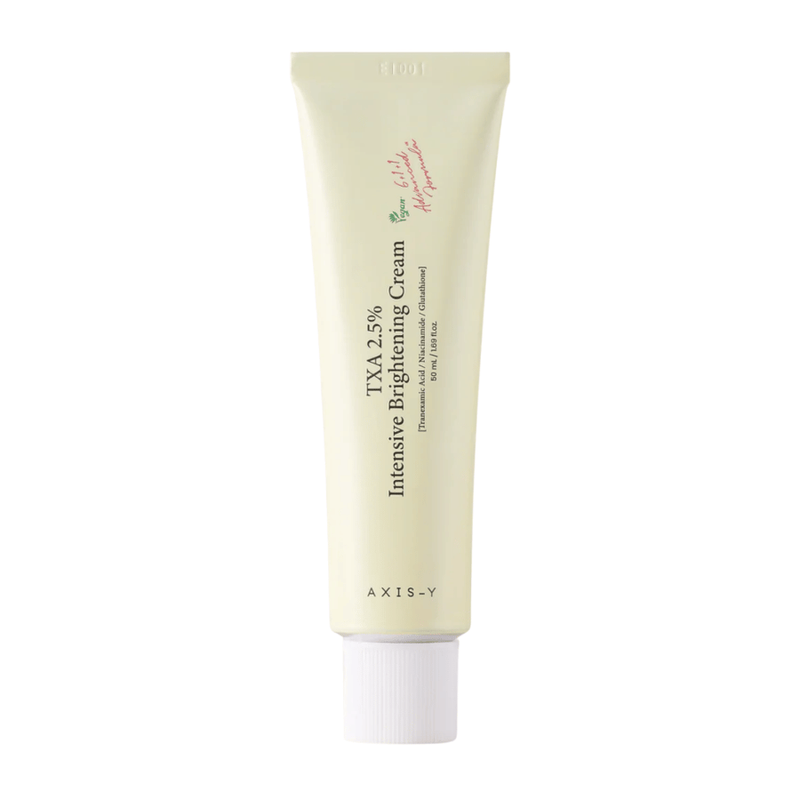 Czyste zdjęcie produktowe AXIS - Y TXA 2.5% Intensive Brightening Cream w formacie pionowym, z naciskiem na stylowy design i koncepcję rozjaśniania.