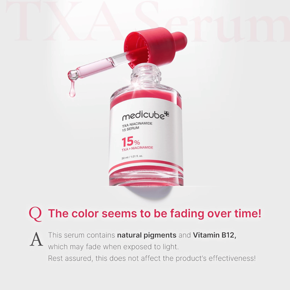 1. Medicube TXA Niacinamide 15 Serum 30 ml – serum z kwasem traneksamowym i niacynamidem, którego kolor może blaknąć pod wpływem światła
