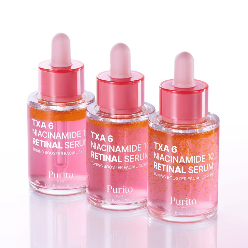 Trzy butelki Purito TXA 6 Niacinamide 10 Retinal Serum. Serum do twarzy nadające blask i wygładzające z efektem przeciwstarzeniowym.