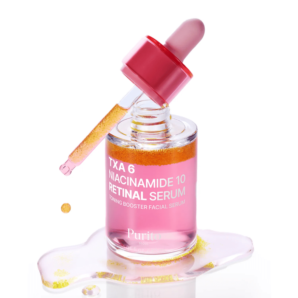 Purito TXA 6 Niacinamide 10 Retinal Serum – różowe serum wzmacniające tonizację z pipetą. Łączy TXA, niacynamid i retinal dla równomiernego kolorytu skóry.