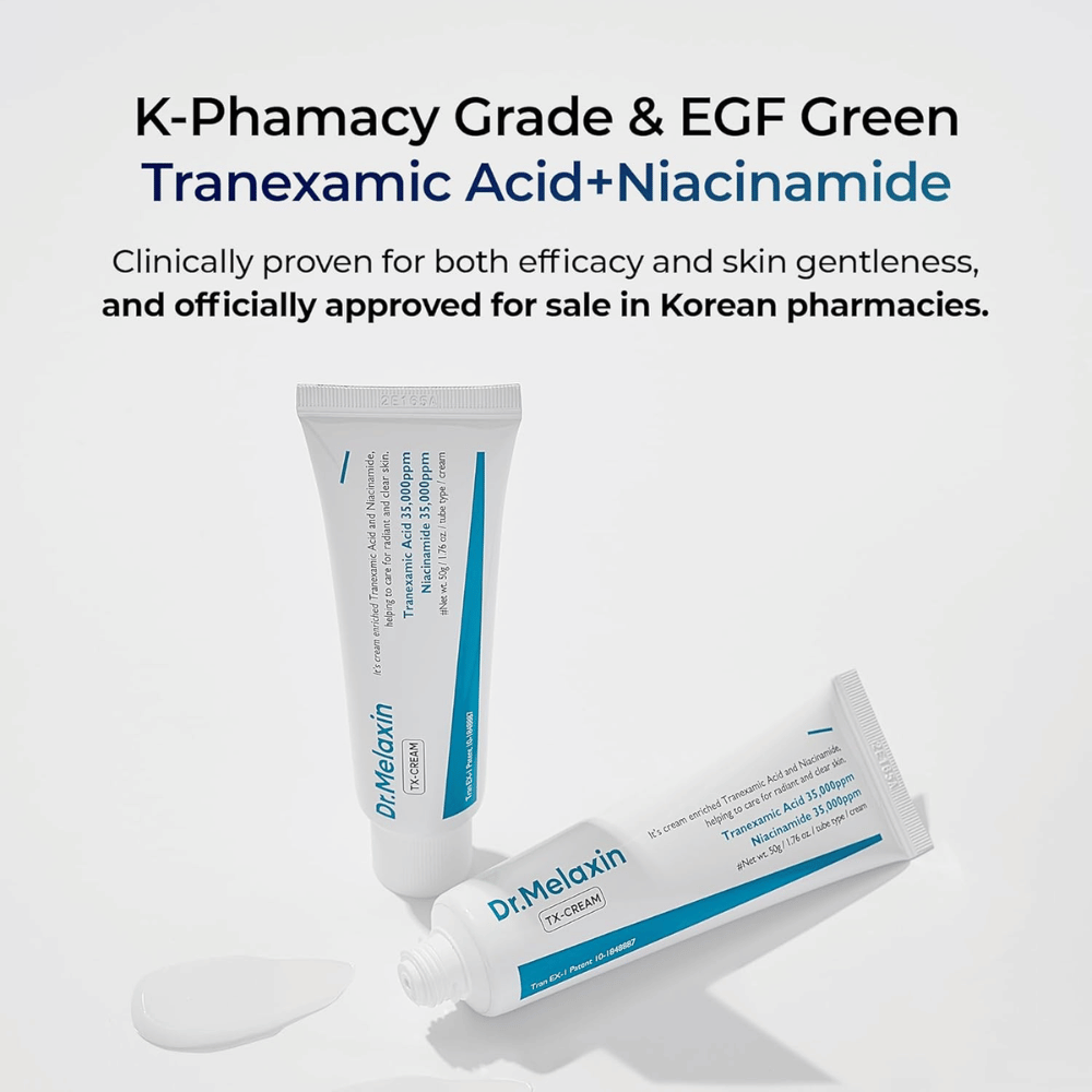 Dr.Melaxin TX Cream z klinicznie potwierdzonymi składnikami, które rozjaśniają skórę, poprawiają jej koloryt i zapewniają delikatną, ale skuteczną pielęgnację
