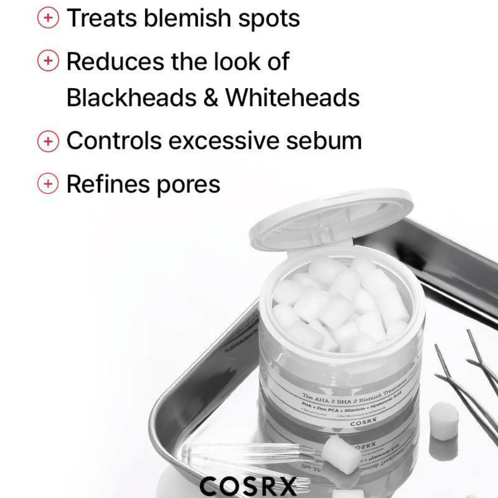 COSRX AHA 2 BHA 2 Blemish Treatment jest skuteczny w leczeniu trądziku, zmniejszaniu widoczności zaskórników i białych zaskórników, kontrolowaniu nadmiaru sebum i udoskonalaniu porów. Idealny dla jaśniejszej skóry.