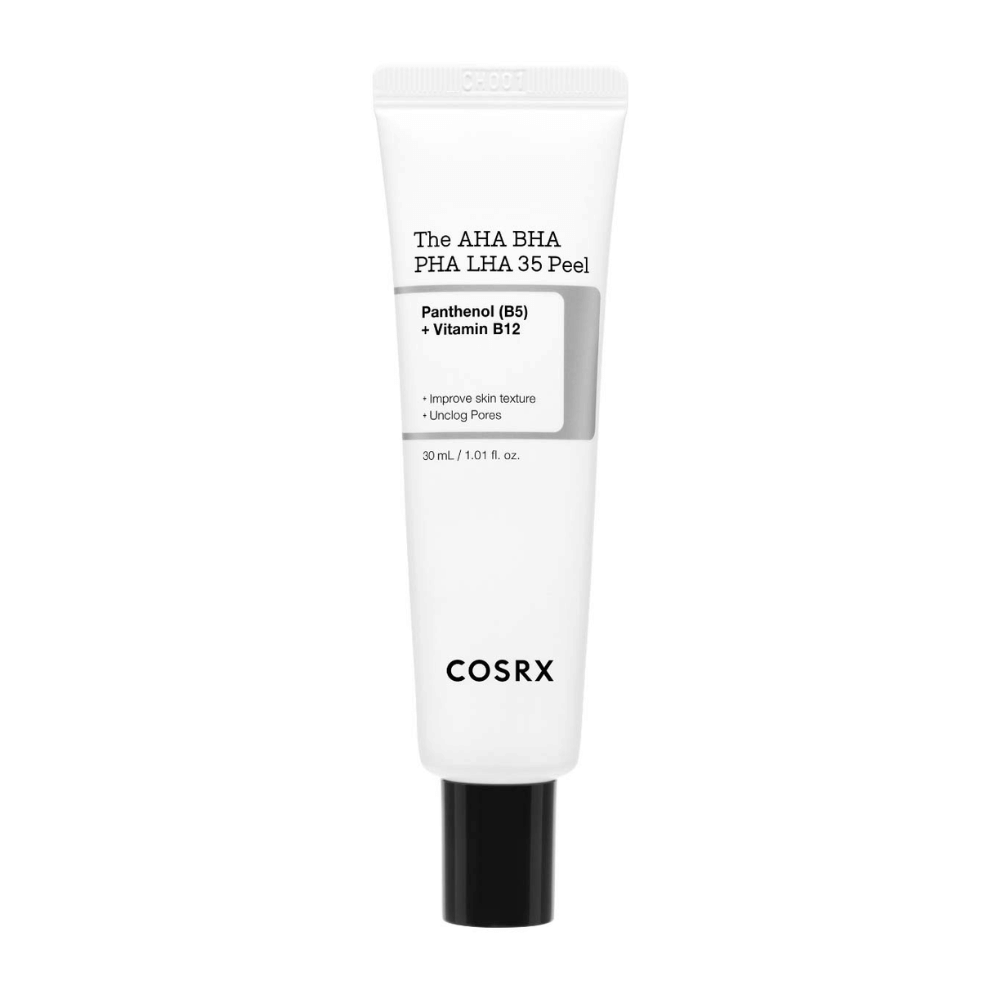 COSRX AHA BHA PHA LHA 35 Peel, produkt złuszczający z pantenolem (B5) i witaminą B12. Poprawia teksturę skóry i oczyszcza zatkane pory. Zawartość: 30 ml.