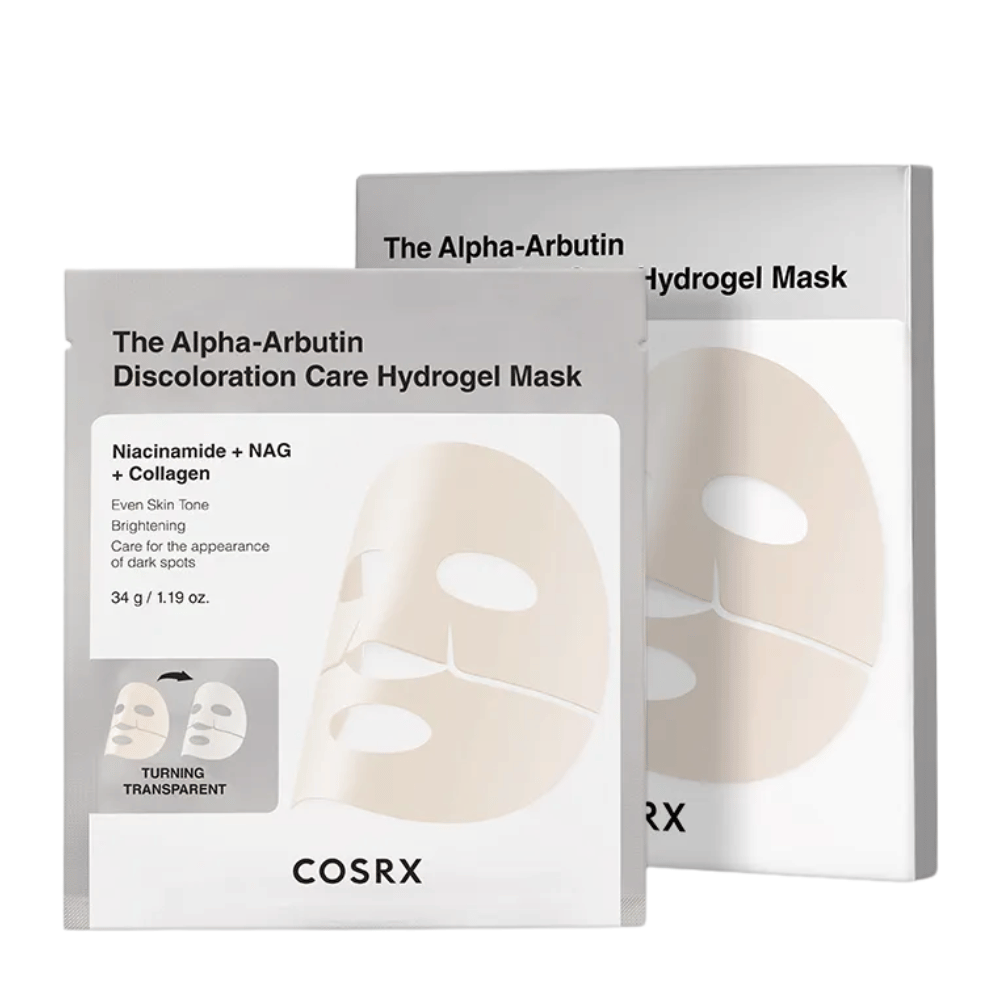 COSRX Alpha-Arbutin Discoloration Care Hydrogel Mask produktbild – hydrożel Maseczka w płachcie koncentrujący się na plamach pigmentacyjnych, blasku i poprawie przejrzystości skóry.