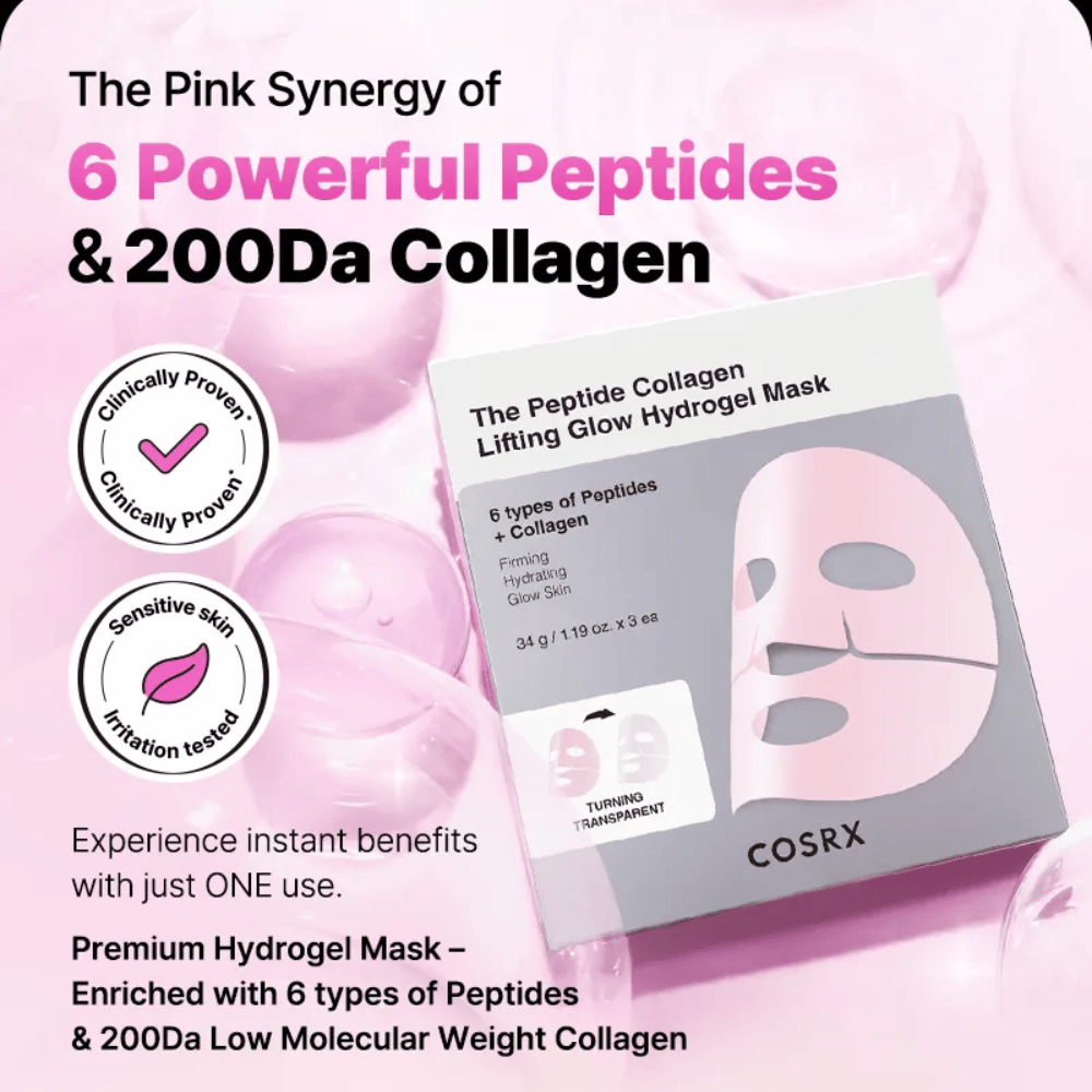 COSRX Peptide Collagen Mask – wzbogacona o 6 rodzajów peptydów i kolagenu, klinicznie testowana dla skóry wrażliwej.