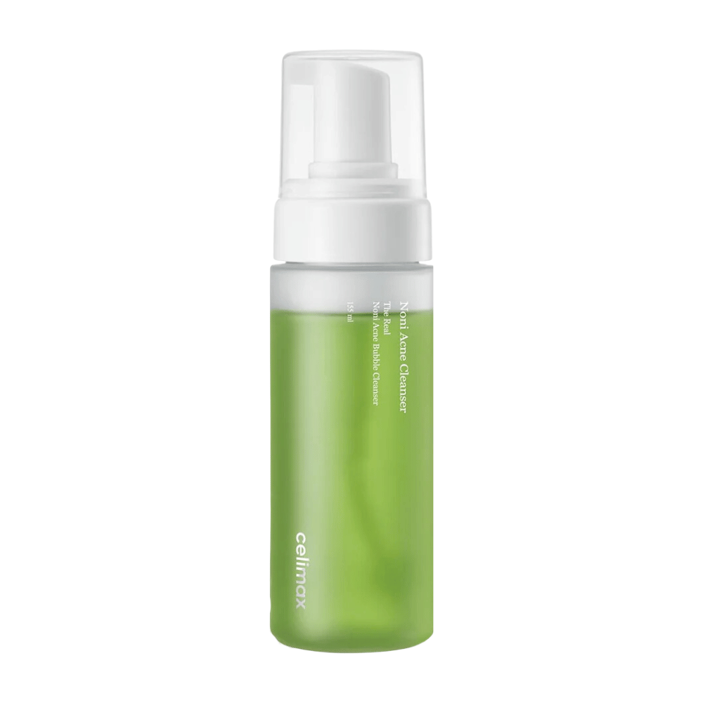 Butelka z The Real Noni Acne Bubble Cleanser pokazuje świeży i zielony ton, co wskazuje na naturalne składniki. Dozownik z pompką czyni ją przyjazną dla użytkownika i idealną do tworzenia bogatego, pieniącego się środka czyszczącego. Idealna do zwalczania trądziku i nadania skórze czystego i świeżego uczucia.