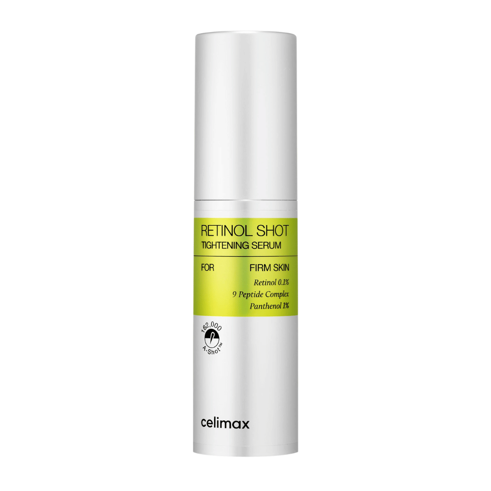 Celimax The Vita-A Retinol Shot Tightening Serum w srebrnej butelce z pompką z limonkową etykietą i czarnym tekstem.