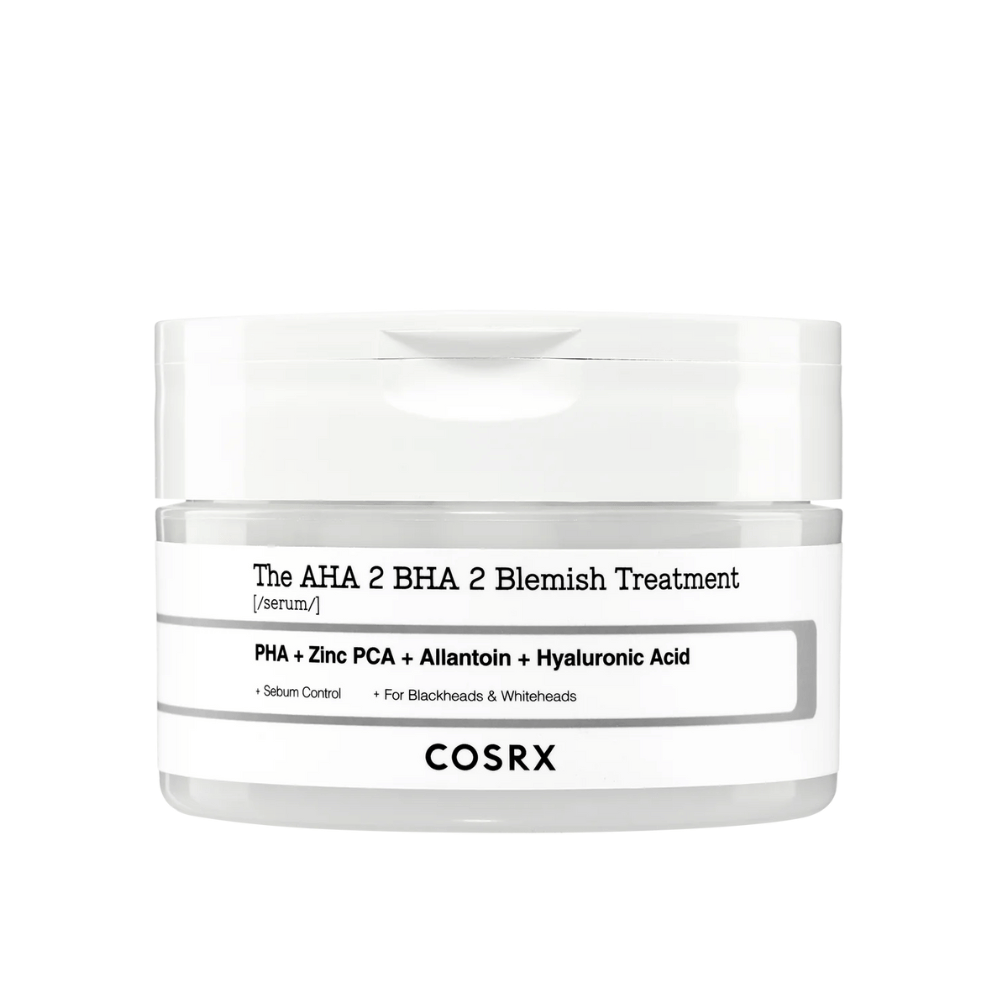 COSRX AHA 2 BHA 2 Blemish Treatment, serum z PHA, cynkiem PCA, alantoiną i kwasem hialuronowym. Zaprojektowany do kontrolowania produkcji sebum i przeciwdziałania zaskórnikom oraz białym zaskórnikom. Idealny do poprawy klarowności skóry.