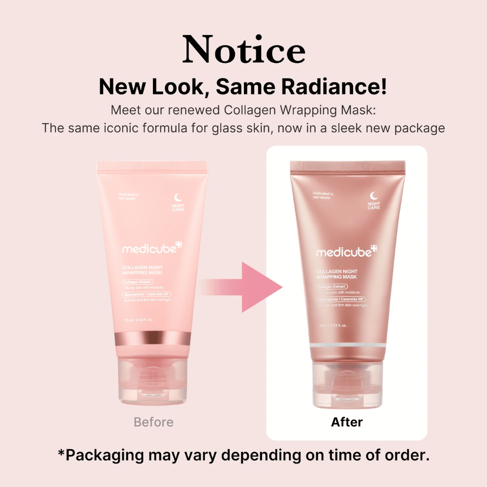Nowy wygląd, ten sam olśniewający rezultat! Medicube Collagen Wrapping Mask ma teraz odświeżone, stylowe opakowanie, ale zachowuje swoją kultową formułę dla lśniącej skóry. *Opakowanie może się różnić w zależności od czasu zamówienia.