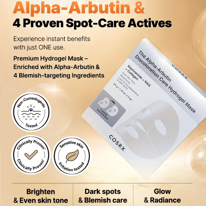 COSRX Alpha-Arbutin Discoloration Care Hydrogel Mask produktbild – koreański Maseczka w płachcie na przebarwienia, blask i intensywne nawilżenie.
