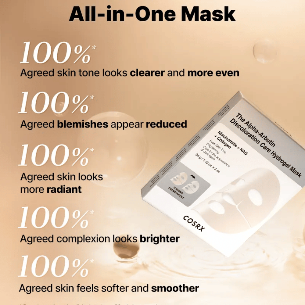 COSRX Alpha-Arbutin Discoloration Care Hydrogel Mask z opakowaniem – wszystko-w-jednym Maseczka w płachcie dla blasku, równomiernego kolorytu skóry i zredukowanej przebarwienia.