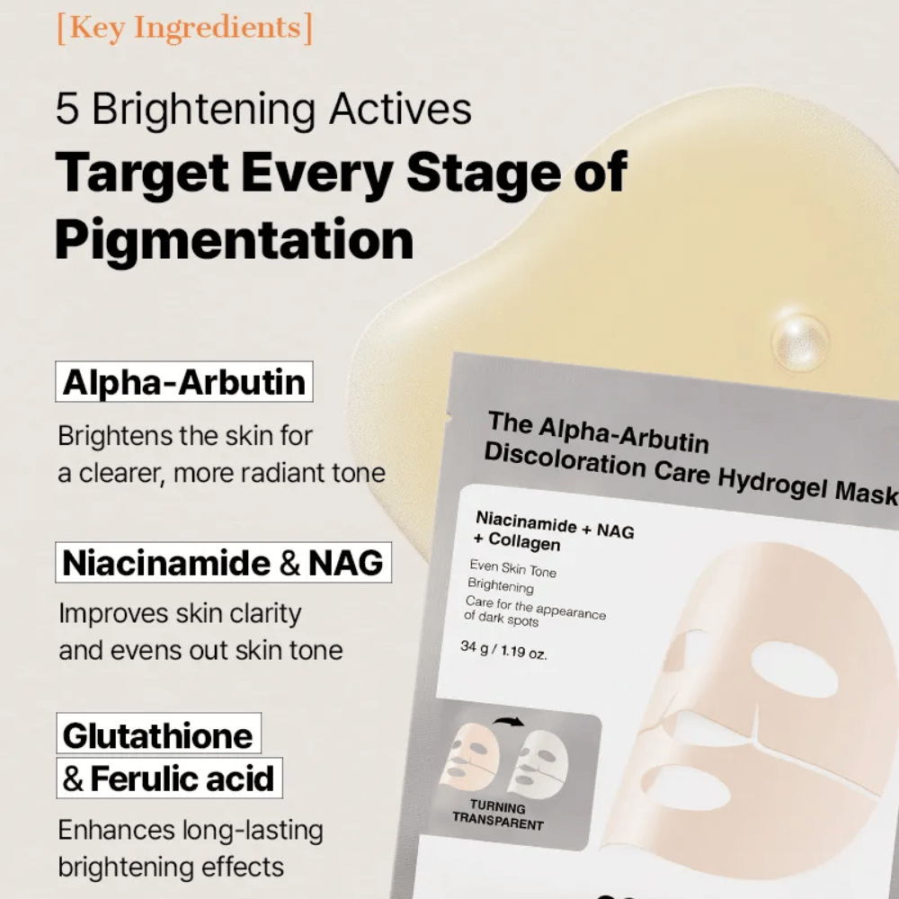 COSRX Alpha-Arbutin Discoloration Care Hydrogel Mask z alpha-arbutiną i niacynamidem – Maseczka w płachcie który pomaga redukować plamy pigmentacyjne i wyrównywać koloryt skóry.