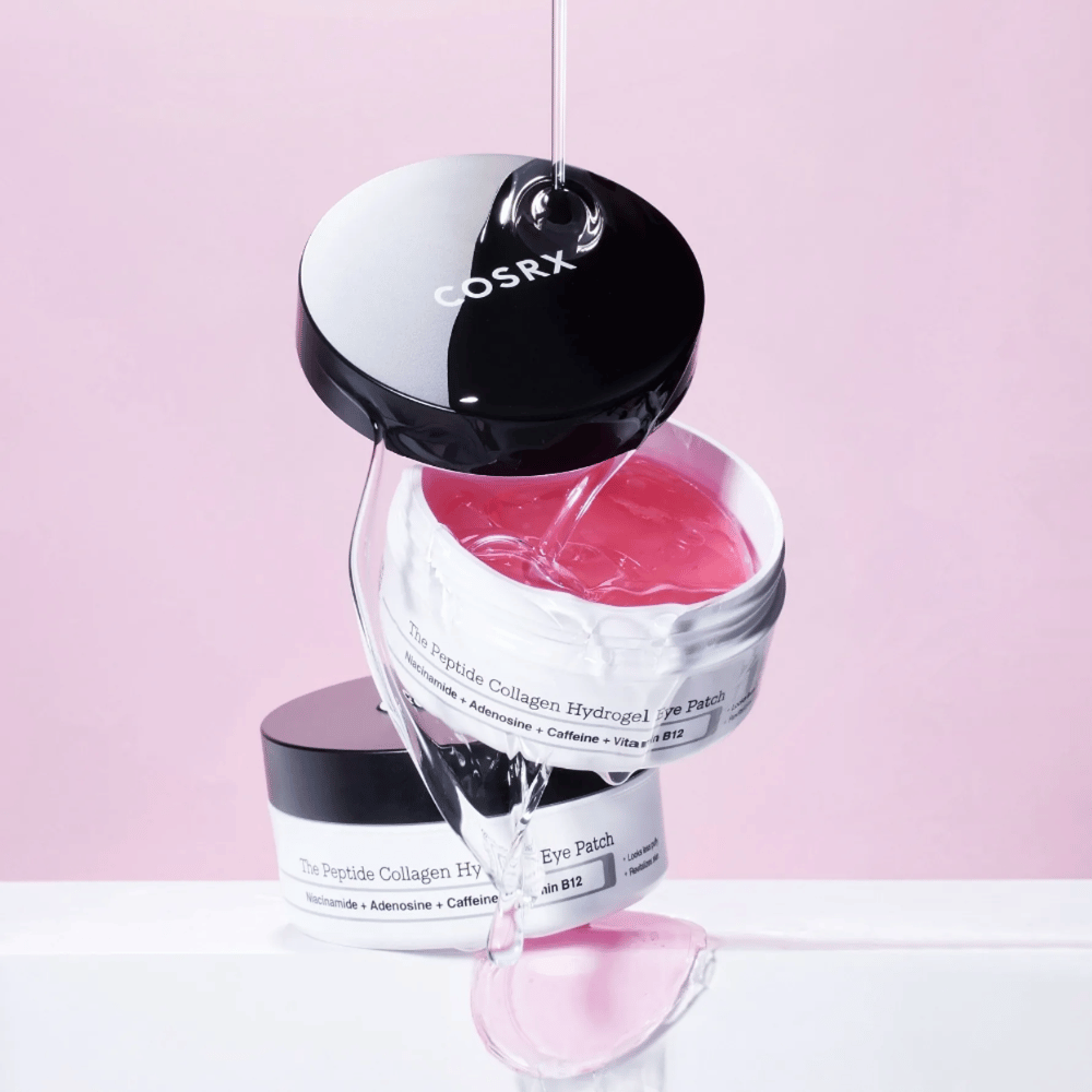 COSRX Peptide Collagen Hydrogel Eye Patch – różowa formuła żelowa bogata w niacynamid, adenozynę, kofeinę i witaminę B12.