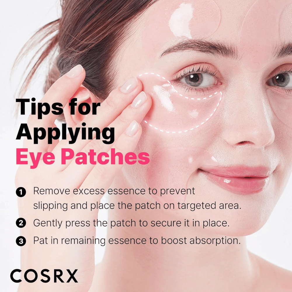 Wskazówki dotyczące aplikacji COSRX Peptide Collagen Eye Patch – dociśnij, usuń nadmiar esencji i wklep resztki.