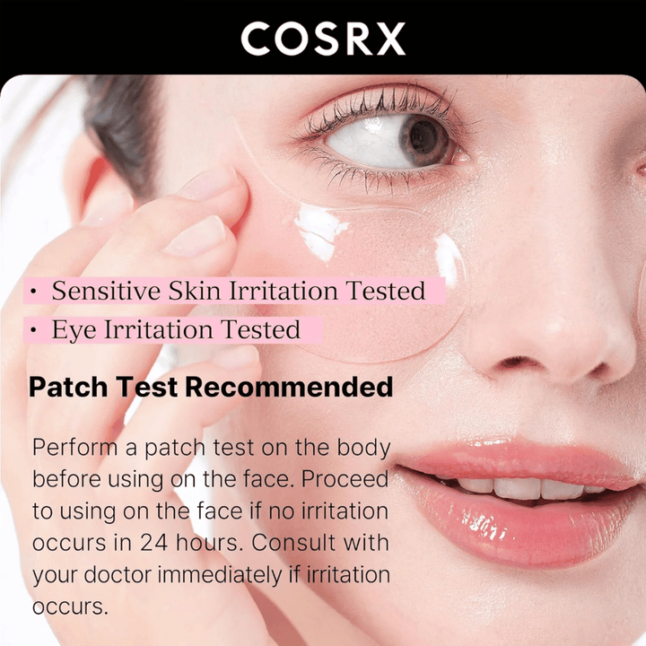 COSRX Peptide Collagen Hydrogel Eye Patch – testowany dla skóry wrażliwej i podrażnień oczu, bezpieczny do codziennego użytku.