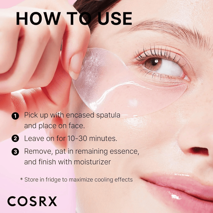 COSRX Peptide Collagen Hydrogel Eye Patch – aplikuj za pomocą szpatułki, pozostaw na 10–30 minut i zakończ kremem nawilżającym.