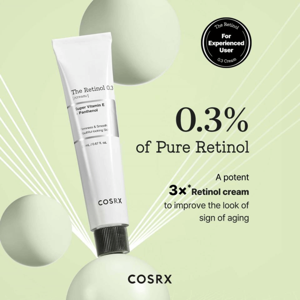 COSRX The Retinol 0.3 Cream zawiera 0,3% czystego retinolu, aby skutecznie poprawić jędrność skóry i wygładzić drobne linie. Wzbogacony o super witaminę E i pantenol, dostarcza wilgoci i odżywienia skórze. Idealny dla doświadczonych użytkowników, jest to potężny krem, który zwalcza oznaki starzenia i nadaje młodzieńczy blask.