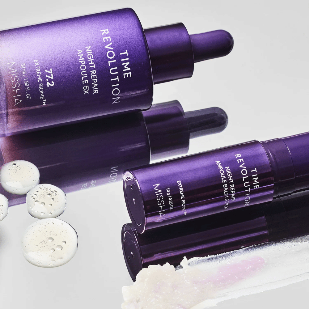 1. MISSHA Time Revolution Night Repair Ampoule 5X 50 ml – ampułka na noc z 77,2% Extreme Biome Complex w fioletowej butelce z pipetą