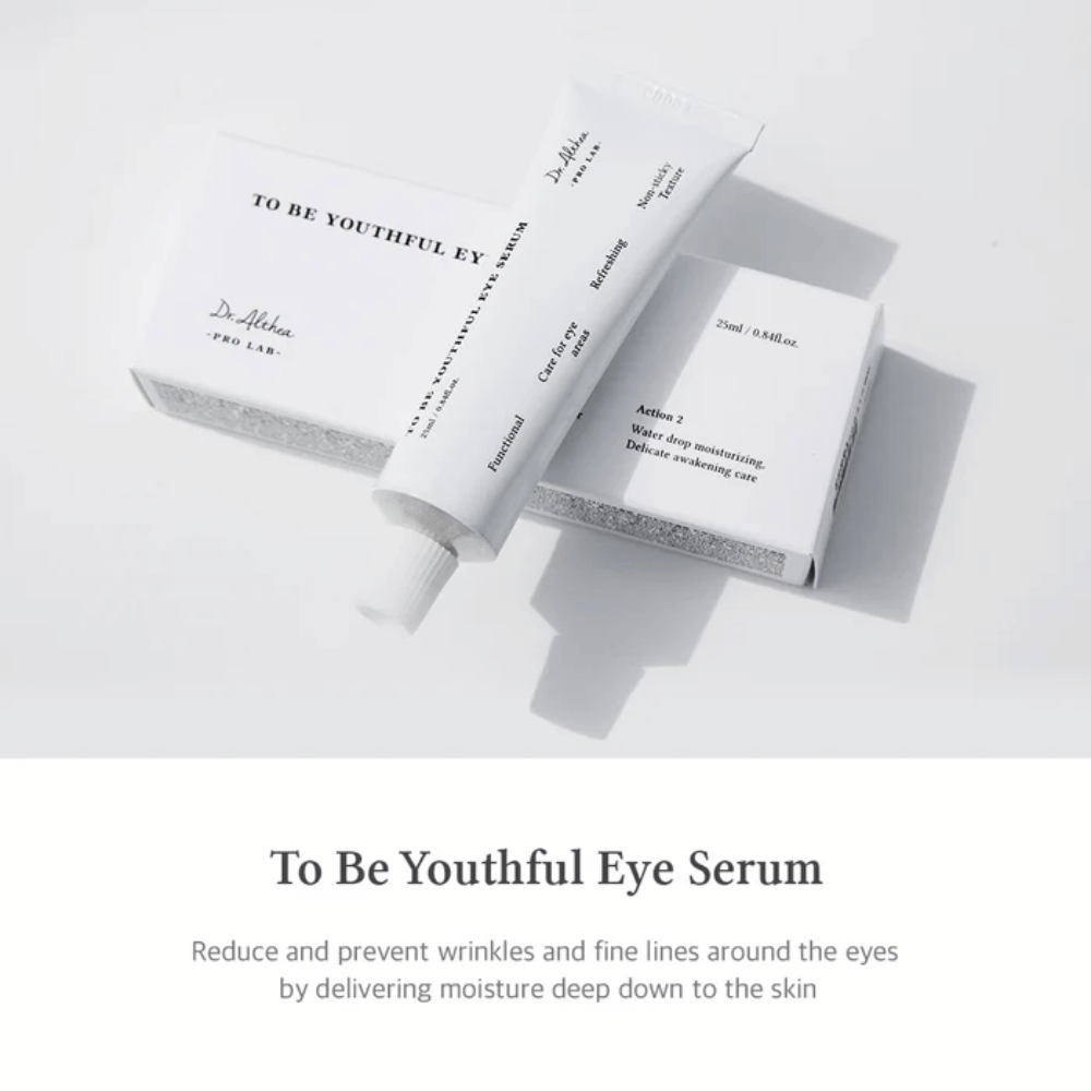 Obraz Dr. Althea "To Be Youthful Eye Serum" z białą tubką i opakowaniem. Produkt ma redukować i zapobiegać zmarszczkom oraz drobnym liniom wokół oczu, dostarczając wilgoć głęboko w skórę. Tekst opisuje właściwości i zalety produktu, w tym nawilżające i odświeżające właściwości.
