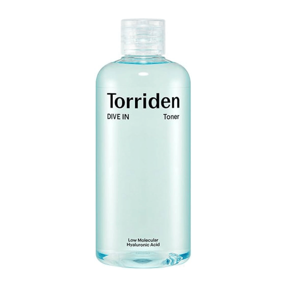 Butelka Torriden DIVE-IN Low Molecule Hyaluronic Acid Toner 300ml, ustawiona na nietkniętym białym tle.
