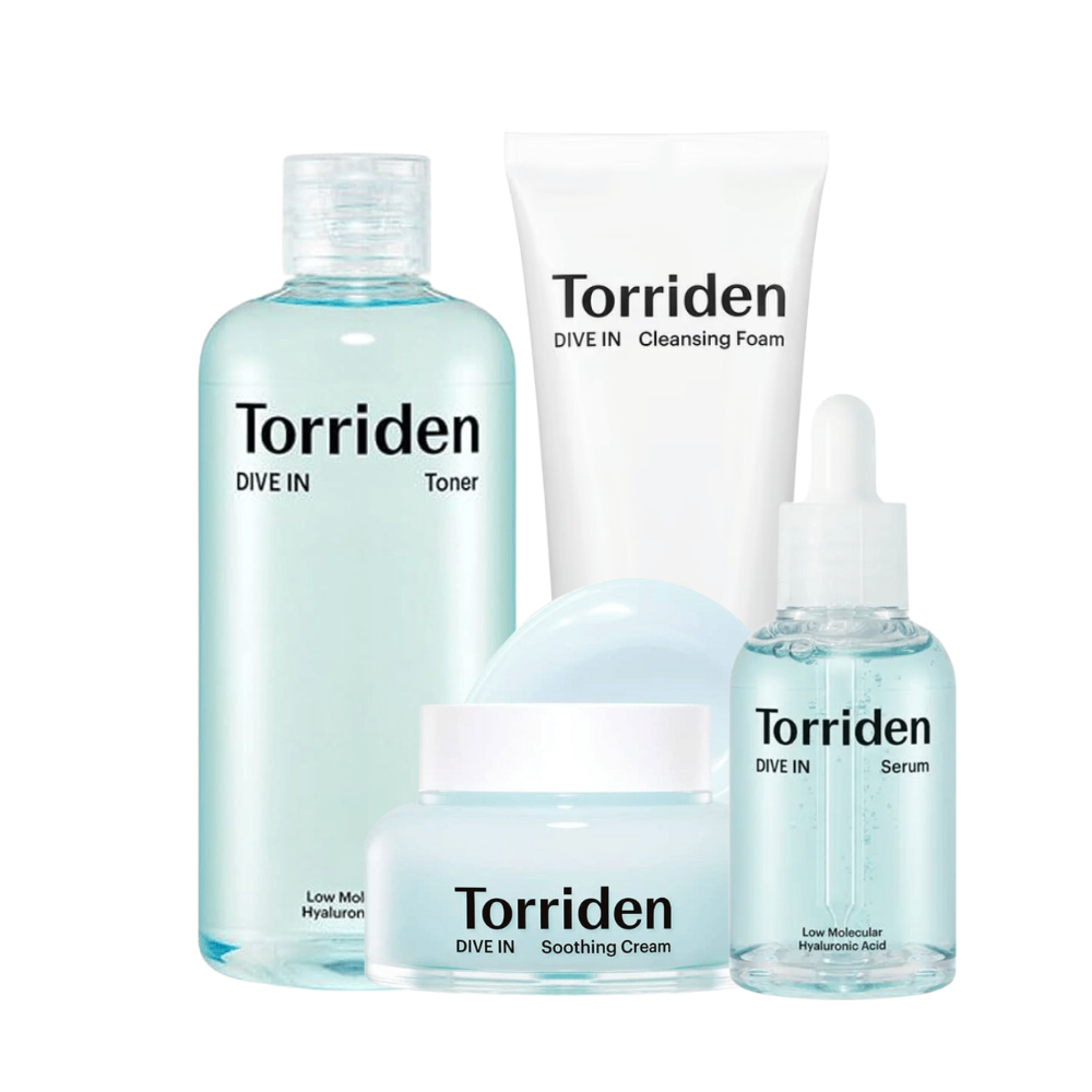 Zbiór Torriden produktów kosmetycznych w turkusowym kolorze, w tym toner, pianka oczyszczająca, kojący krem i serum z kwasem hialuronowym.
