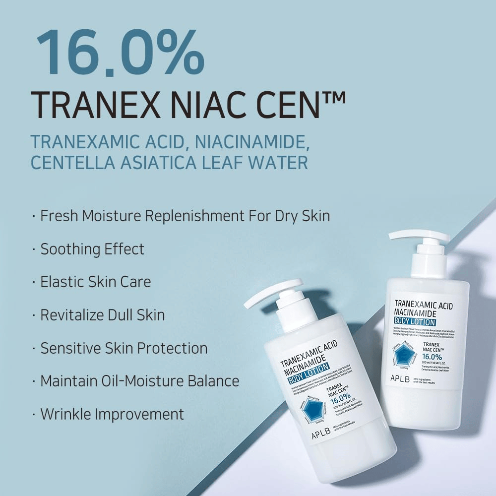 Grafika prezentująca zalety produktu, przedstawiająca kompleks 16% Tranex Niac Cen™ oraz jego właściwości, takie jak nawilżenie, działanie kojące, poprawa elastyczności skóry, blask oraz zrównoważony poziom sebum i nawilżenia.