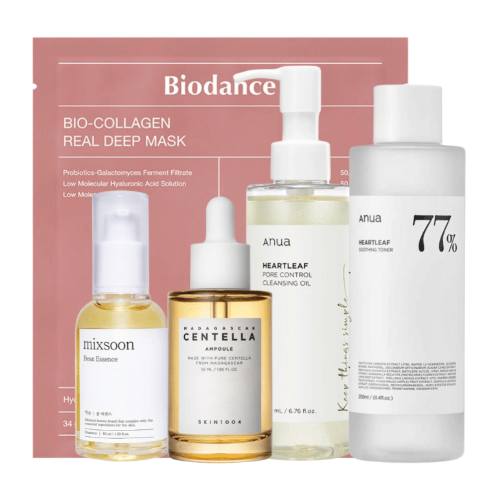 Zestaw "Trending K-Beauty Must-Haves" zawiera Anua Heartleaf Pore Control Cleansing Oil, Heartleaf 77% Soothing Toner, Skin1004 Madagascar Centella Ampoule, i Mixsoon Bean Essence wraz z Bio-Collagen Real Deep Mask od Biodance. Te produkty są starannie wyselekcjonowane, aby zapewnić głębokie oczyszczenie, intensywne nawilżenie i kojące efekty dla skóry, co czyni je niezbędnymi produktami dla kompleksowej rutyny pielęgnacyjnej.