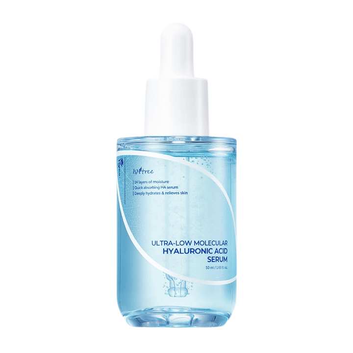 Isntree Ultra-Low Molecular Hyaluronic Acid Serum 50 ml, lekko wchłaniane serum do twarzy z ultra niskocząsteczkowym kwasem hialuronowym dla intensywnego i głębokiego nawilżenia.