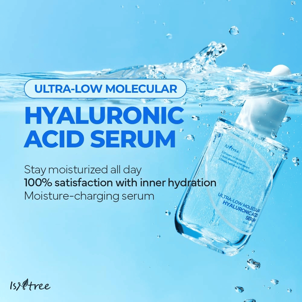 Isntree Ultra-Low Molecular Hyaluronic Acid Serum w środowisku wodnym, nawilżające serum z kwasem hialuronowym, które daje wypełnioną skórę, zwiększa blask i zapewnia długotrwałą równowagę wilgoci.
