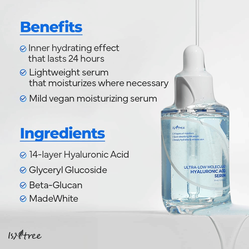 Isntree Ultra-Low Molecular Hyaluronic Acid Serum z lekką, wegańską formułą, która nawilża do 24 godzin i nadaje się do suchej, wrażliwej i odwodnionej skóry.