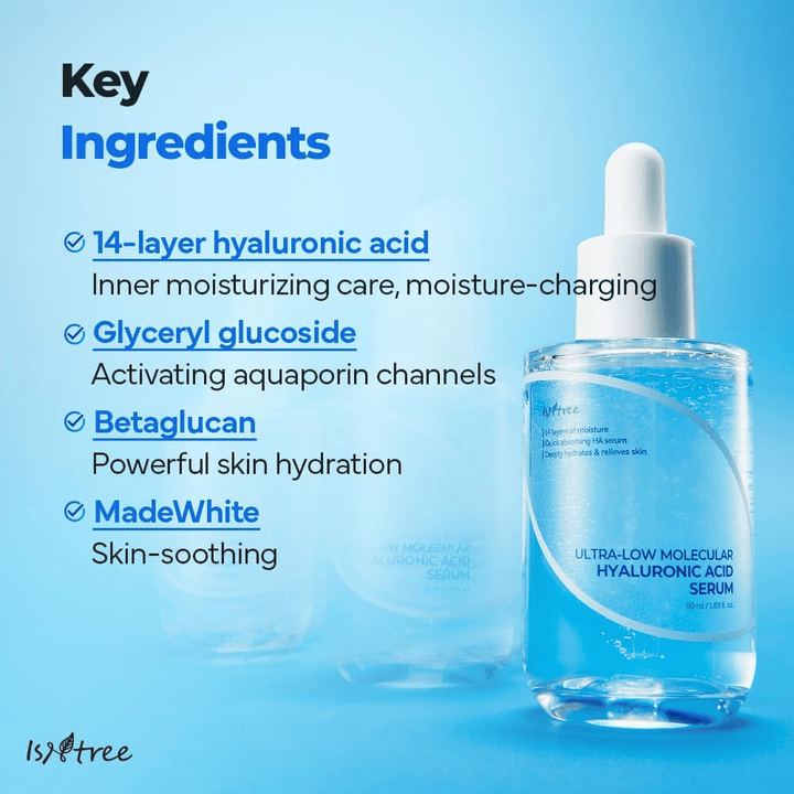 Isntree Ultra-Low Molecular Hyaluronic Acid Serum z 14-warstwowym kwasem hialuronowym, glukozydem glicerylu i beta-glukanem, nawilżające serum, które wzmacnia barierę skórną i łagodzi wrażliwą skórę.