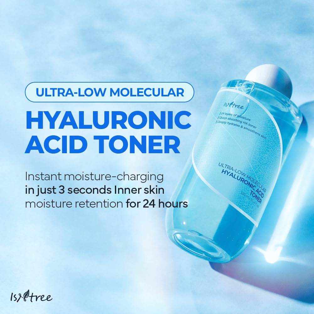 Produktbild av Isntree Ultra-Low Molecular Hyaluronic Acid Toner med blå bakgrund. Texten framhäver snabb återfuktning på 3 sekunder och fuktbevarande effekt i 24 timmar. Flaskan visas i förstorad vinkel med tydlig etikett.