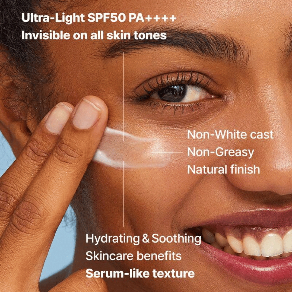 Zbliżenie na kobietę nakładającą przezroczysty krem przeciwsłoneczny palcami; tekst podkreśla SPF50 PA++++, brak białego osadu, naturalne wykończenie i teksturę nawilżającą podobną do serum.