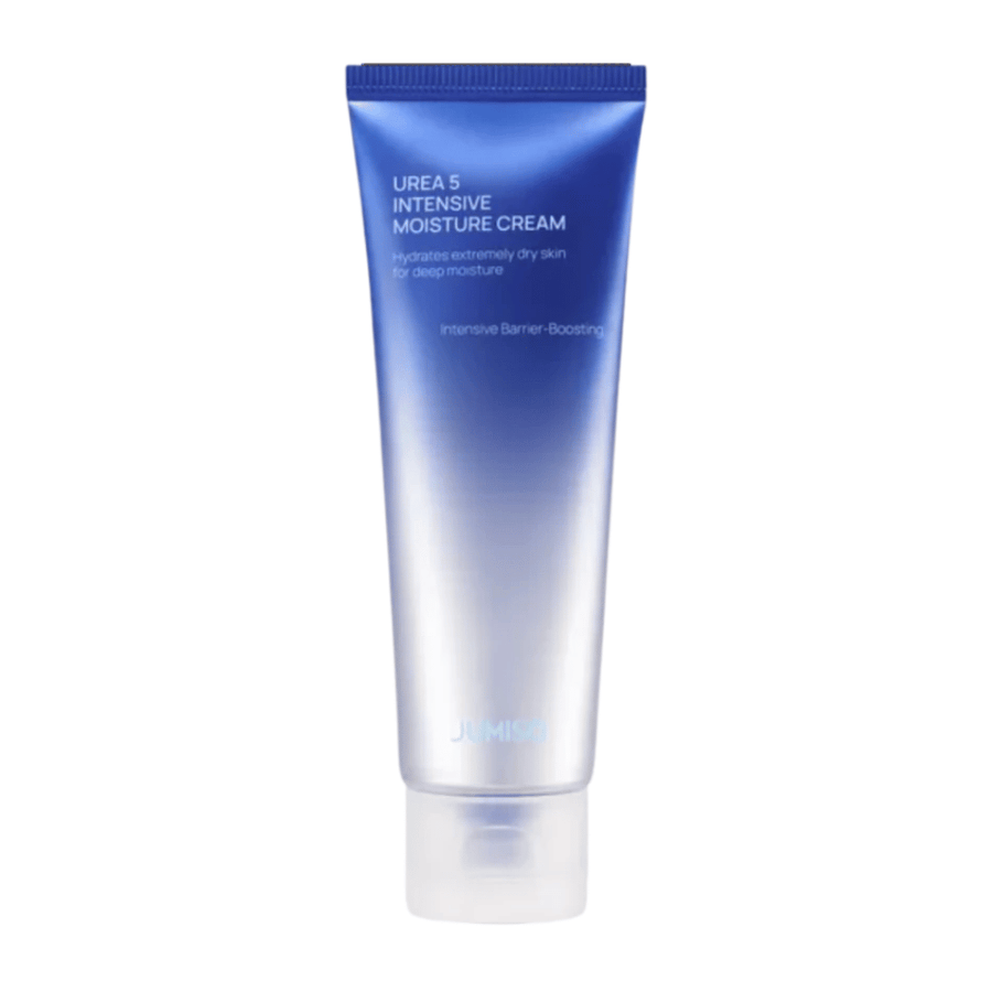 Wyizolowane zdjęcie produktu Jumiso Urea 5 Intensive Moisture Cream na białym tle. Niebieska tubka o minimalistycznym designie podkreśla skoncentrowanie produktu na intensywnym nawilżeniu i wzmacniającej barierę skórną pielęgnacji bardzo suchej skóry.