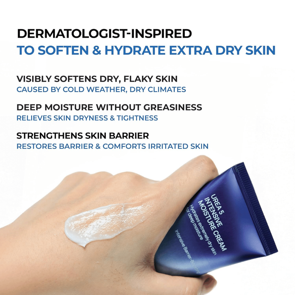 Grafika informacyjna podkreślająca najważniejsze zalety Jumiso Urea 5 Intensive Moisture Cream. Krem jest opisywany jako inspirowany dermatologicznie produkt do bardzo suchej skóry i pomaga zmiękczyć łuszczącą się skórę, zapewnić głębokie nawilżenie bez tłustego odczucia oraz wzmocnić barierę skórną. Dłoń pokazuje kremową konsystencję produktu na skórze.
