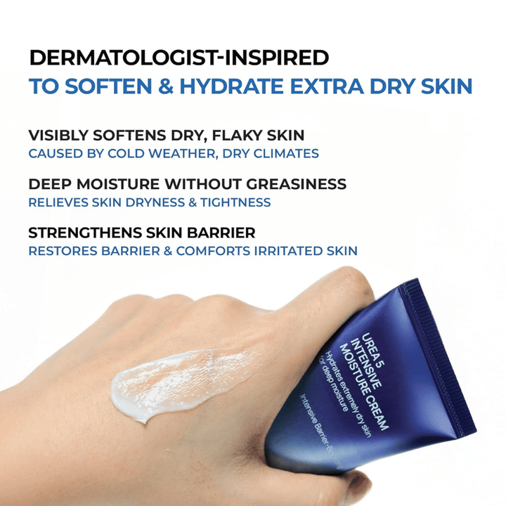 Grafika informacyjna podkreślająca najważniejsze zalety Jumiso Urea 5 Intensive Moisture Cream. Krem jest opisywany jako inspirowany dermatologicznie produkt do bardzo suchej skóry i pomaga zmiękczyć łuszczącą się skórę, zapewnić głębokie nawilżenie bez tłustego odczucia oraz wzmocnić barierę skórną. Dłoń pokazuje kremową konsystencję produktu na skórze.