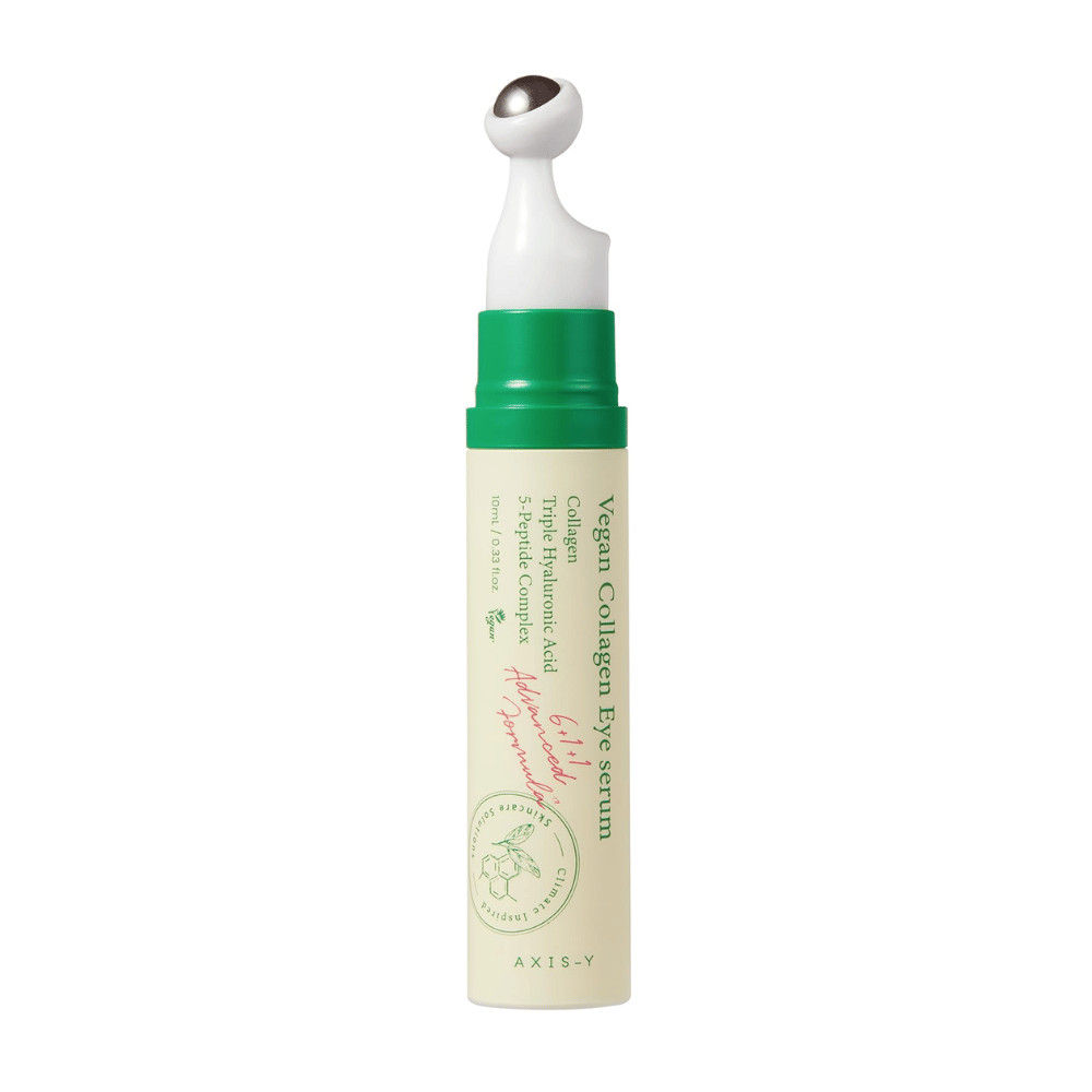 AXIS-Y Vegan Collagen Eye Serum 10ml z zielonym aplikatorem, zaprojektowany, aby zmniejszać zmarszczki i nawilżać delikatny obszar wokół oczu. Produkt zawiera wegański kolagen, kwas hialuronowy i kompleks 5-peptydowy, aby zapewnić intensywną pielęgnację i odżywienie.
