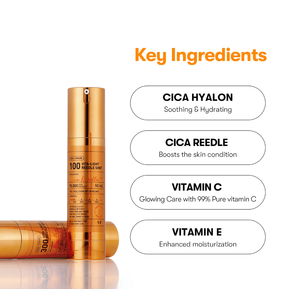 Złota butelka VT Cica Hyalon Vita-Light Reedle Shot 100hL, 50 ml, z pompką, stojąca obok leżącej butelki. Po prawej wymienione są kluczowe składniki: Cica Hyalon, Cica Reedle, Witamina C i Witamina E.