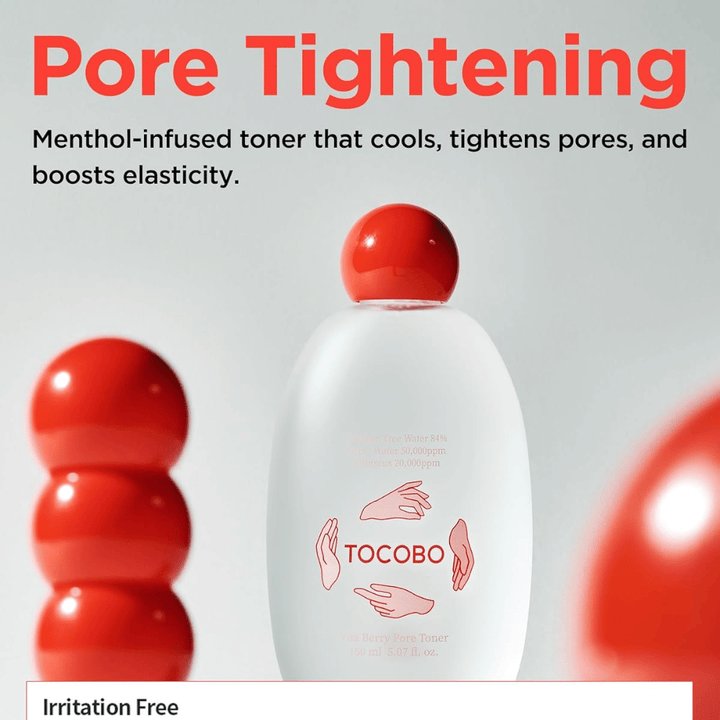 Grafika promocyjna dla TOCOBO Vita Berry Pore Toner, opisująca chłodzący efekt toniku, właściwości zwężające pory oraz poprawioną elastyczność skóry dzięki formule z dodatkiem mentolu.