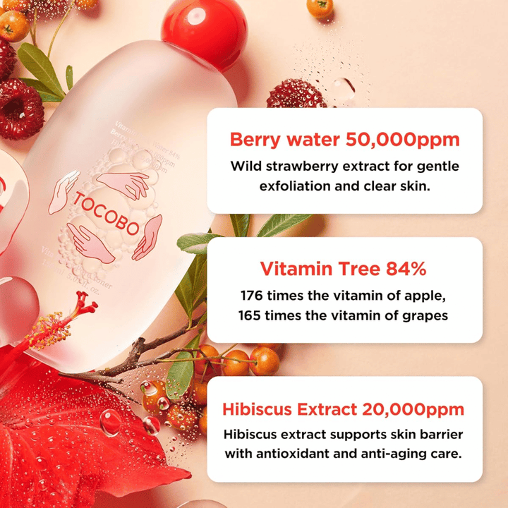 Grafika składników podkreślająca kluczowe składniki toniku, w tym berry water, vitamin tree i ekstrakt z hibiskusa, ze szczególnym uwzględnieniem złuszczania, pielęgnacji antyoksydacyjnej i wzmocnionej bariery skórnej.
