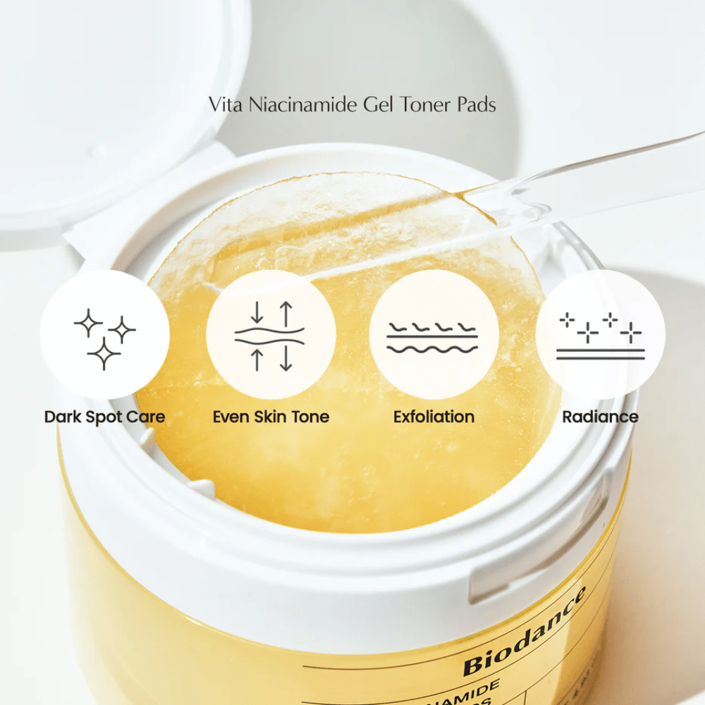 Biodance Vita Niacinamide Gel Toner Pads – złuszczające płatki do wyrównywania kolorytu skóry, nadawania blasku i leczenia ciemnych plam, pokazane w otwartym słoiku z pęsetą.