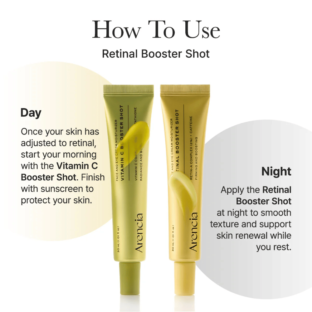 Jak używać Arencia Vitamin C Booster Shot – serum z witaminą C w porannej rutynie i booster retinalowy wieczorem dla bardziej jednolitego kolorytu skóry i lepszego blasku