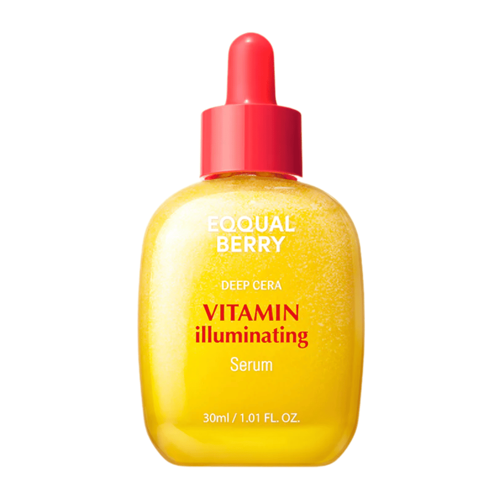 Equal Berry Vitamin Illuminating Serum w żółtej, połyskującej butelce z czerwoną pipetą. Daje blask i odżywienie dla promiennej skóry.