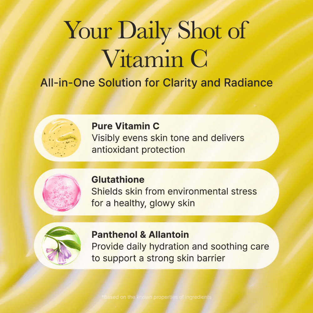 Arencia Vitamin C Booster Shot przegląd składników – witamina C, która wyrównuje koloryt skóry, glutation z efektem antyoksydacyjnym oraz pantenol i allantoina, które nawilżają i łagodzą skórę