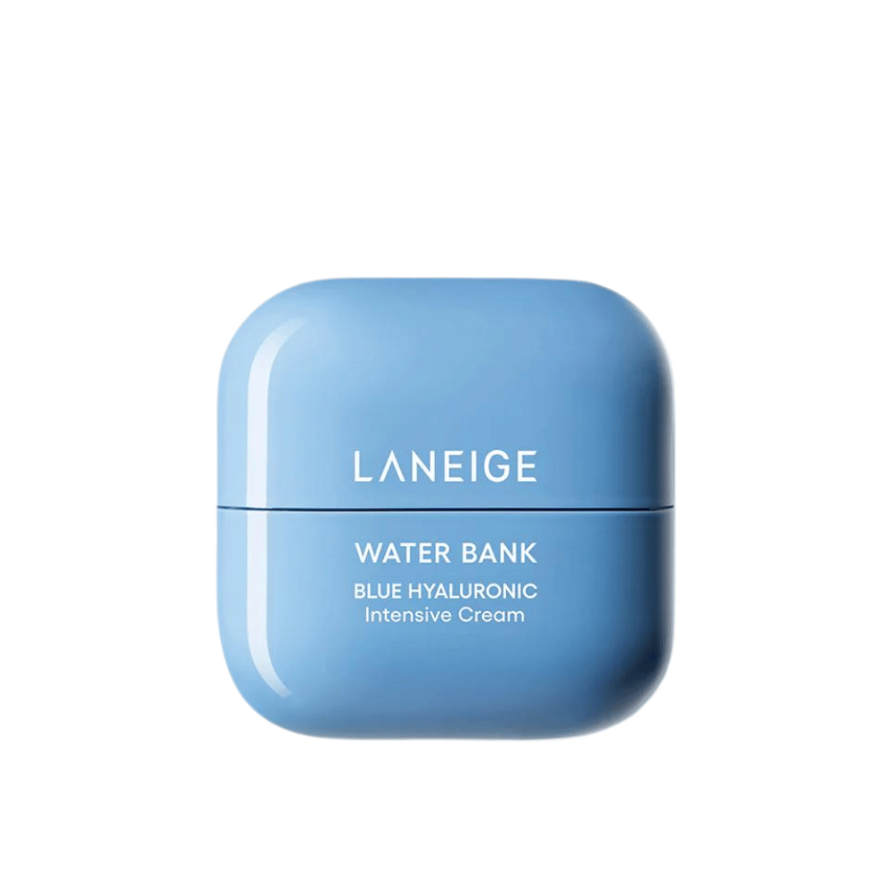 LANEIGE Water Bank Blue Hyaluronic Intensive Cream w niebieskim zaokrąglonym słoiku, na białym tle.