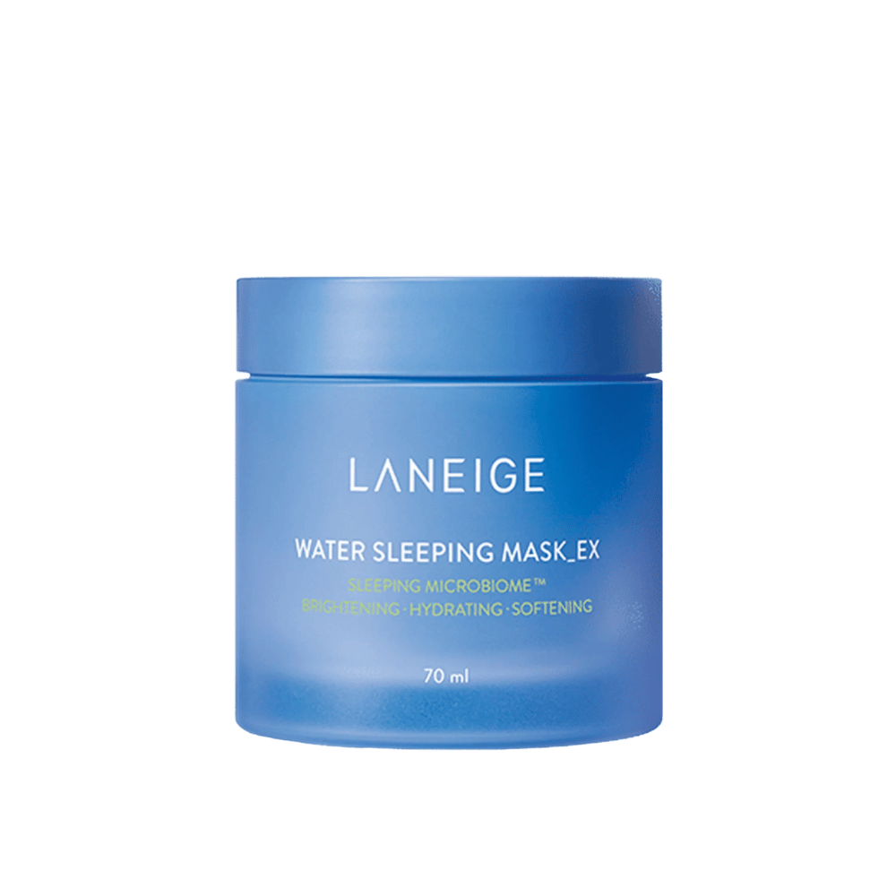 LANEIGE Water Sleeping Mask_EX w niebieskim słoiku z białym i zielonym napisem, na białym tle.