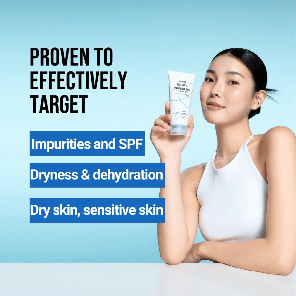 Osoba o czystej i nawilżonej skórze trzyma Jumiso Waterfull Hyaluronic Acid Cleansing Foam. Obraz opisuje zdolność produktu do zwalczania zanieczyszczeń, pozostałości SPF, suchości i wrażliwej skóry.